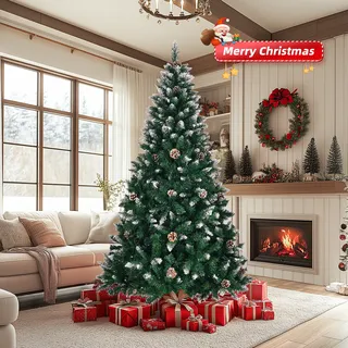 FCH Künstlicher Weihnachtsbaum mit Kiefernzapfen und Schnee, 180cm mit 800 Spitzen & Metallständer, für Baum Weihnachtsdeko - Grün