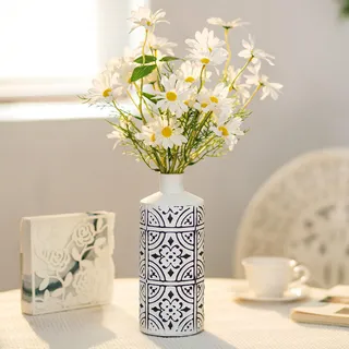 Sziqiqi Weiße Vase für Blumen - 25,3cm Hoch Moderne Metall Vase mit Schwarzem Blumenmuster Dekorative Zylinder Vasen für Tischdeko Große Boho Blumenvase für Pampasgras Trockenblumen Zweige