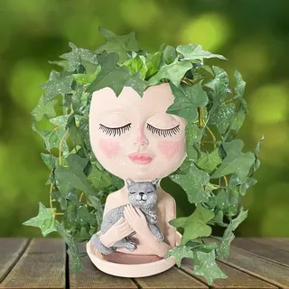 asdfg Gesichtspflanztöpfe Kopf Pflanzgefäße – Gesichts-Blumentopf Kopf Pflanzgefäß mit Katze, Sukkulententententöpfe mit Drainageloch, Harz-Pflanzgefäß für drinnen und draußen, Heimdekoration