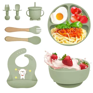Bizcasa 8 Stück Silikon Baby Geschirrset, Rutschfest Kindergeschirr Set, Kindergeschirr mit Saugnapf, Rutschfest Baby Schüssel,Baby-Teller, Baby-Besteckset für Kleinkinder, BPA Frei (Grün 1)