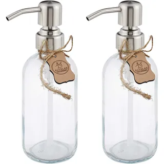 ALTGLAS Seifenspender 'Sarajevo' - Doppelspender Set aus Klar Glas Flasche mit 304 Edelstahl Pumpkopf in gebürstetem Silber (2 Stück a 250 ml)