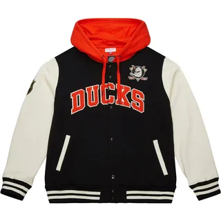 Mitchell & Ness Courtside Fleece NHL Vintage College Jacke mit Kapuze - Anaheim Ducks, Größe L, Druckknopf Verschluss, Herren, Frauen, Kinder, Unisex, Frühling, Sommer, Herbst, Winter