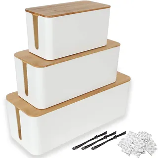 ASelected 3er-Set Kabelbox Weiß Große Kabel Organizer Box mit Holzdeckel für Kabel, Große und Kleine Kabelmanagement Box Adapter, Steckerleisten, Kabel Verstecken Box