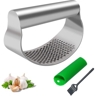 Knoblauchpresse Wippe Edelstahl Knoblauchwippe,Knoblauch Wiege,Knoblauchschneider,Stainless Steel Garlic Press Rocker Mincer Crusher Kochgerät Knoblauchmühle Küchenhilfe,Mit Silikon Knoblauchschäler