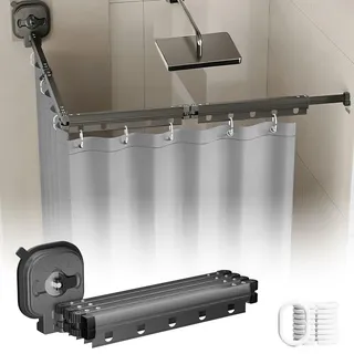 Faltbare Duschvorhangstange mit Saugnapf, Duschvorhangstange ohne Bohren, Wasserdicht Duschvorhang mit Stange, Wandmontage L/U Form Duschvorhang Stange für Ecke/Badewanne (Schwarz, 4-Segment)