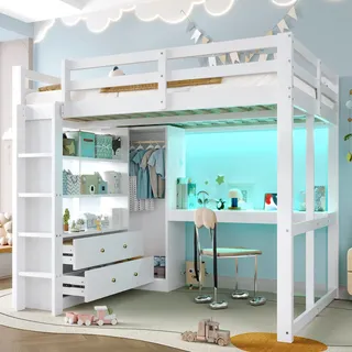 Flieks Etagenbett 140x200cm mit Kleiderschrank und Stange, Hochbett Kinderbett mit Led und Ladefunktion, Jugendbett mit Schreibtisch und Schrank, Weiß - Weiß