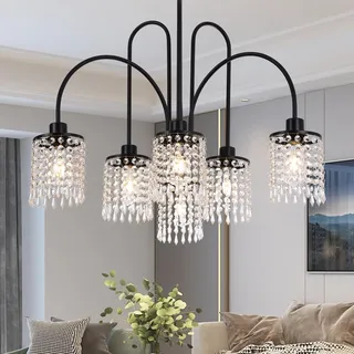Ganeed Deckenleuchte Kristall Hängelampe Pendel Beleuchtung Modern Metall Kronleuchter für Esszimmer Wohnzimmer Schlafzimmer mit Wassertropfen Lampenschirm Schwarz 6 Licht