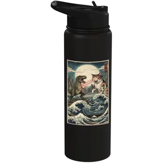Katze gegen Monster Trex Japanisch-Japanisches Ukiyo-e Art Stainless Steel Insulated Water Bottle