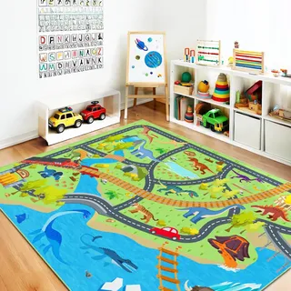 Rezutan Dino Spielteppich Autoteppich Kinderzimmer Deko 120X160cm | Kurzflor Waschbar & Rutschfest Teppich für Kinderzimmer Klassenzimmer, Spielzimmer, Schlafzimmer Spielteppich für Kinder