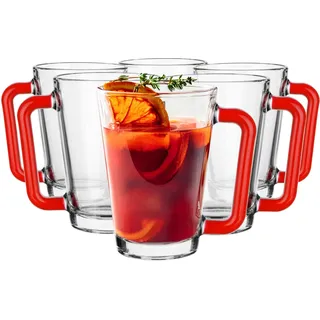 Glasmark KROSNO, 250ml, Set von 6, Gläser Set, Glasbecher, Trinkgläser aus Glas mit Henkel, farbiges Ohr, Trink-Glas, Tasse, Glasbecher mit Hörer, Spülmaschinenfest