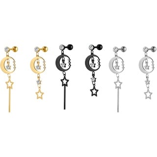 Flongo Damen Asymmetrische Ohrringe Ohrstecker Creolen Ohrhänger in Silber Gold Schwarz Stecker mit hängenden Stern Anhänger für Frauen 3 Paar Set