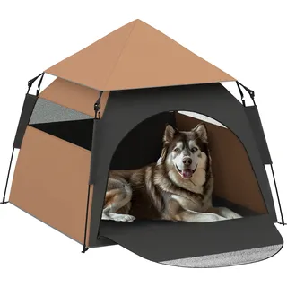 PawHut Haustierzelt, Hundezelt, Katzenhaus im Freien, Hundehaus mit Meshfenster, Hunde Tipi Zelt mit Tragetasche, Sonnendach für Hinterhof, Wohnzimmer, Dunkelbraun - Dunkelbraun