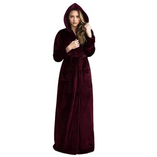 Hellomamma Langer Bademantel mit Kapuze für Damen, luxuriöses Flanell-Fleece, volle Länge, für den Winter, warm, Pyjama, Dusche, Nachthemd, weinrot, Large