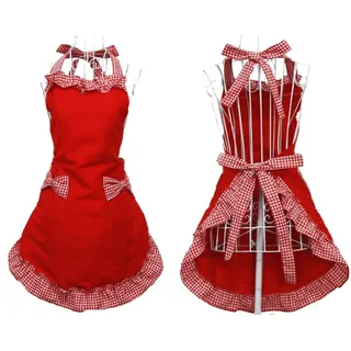 Veewon Schürzen für Frauen-Mädchen-Nette Retro Bowknot Cotton Cooking Restaurant Arbeit Individuelle Küchen-Schürze mit Taschen Gartenhaus (Rot)