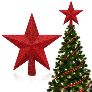Weihnachtsbaumspitze Rot (20cm) – Funkelnde Christbaumspitze Stern aus bruchsicherem Kunststoff – Leichte Baumspitze Weihnachten (20g) für Tannenbaum, Weihnachtsbaum Spitze Deko Unzerbrechlich