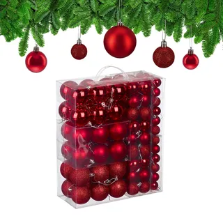 Relaxdays Weihnachtskugeln im 138er Set, Kunststoff, glitzernde, Matte, glänzende Baumkugeln, Christbaumschmuck, rot
