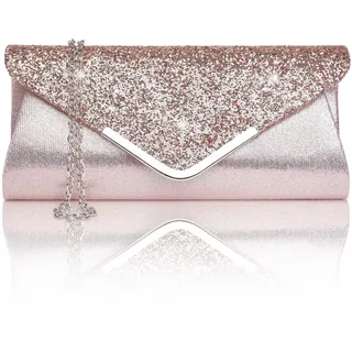 Larcenciel Damen Clutch Abendtasche Unterarmtasche Umhängetasche mit Strass-Steinen und Abnehmbarer Kette in den Farben Silber Gold Altrosa (rose)