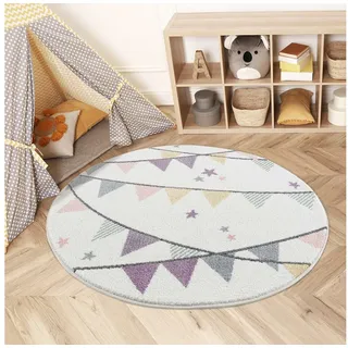 Carpet City Kinderteppich Kinderzimmer Creme Lila - 120 cm Rund - Wimpel-Motiv - Kinderzimmerteppiche Mädchen - Babyzimmer-Teppich - Spielteppich