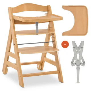 hauck Alpha Move Hochstuhl mit Essbrett und Rollen | Mitwachsender Holz Kinderhochstuhl ab 6 Monaten bis 90 kg | inkl. Essbrett, 5-Punkt-Gurt & FSC® Buchenholz