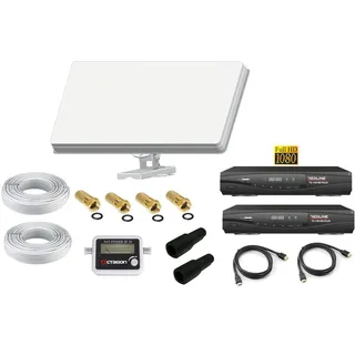 Sat Anlage 2 Teilnehmer Flachantenne Antenne -HD Receiver LNB Kabel Alles Dabei