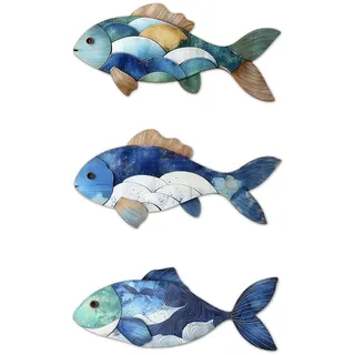 PIujsym 3 Stück Holz Fische Wandbehang Set im Ostsee Stil, Ozean Wellen Motive Wandornamente als Sommerdeko, Küstenstil Zubehör für Badezimmer Deko und Wohnzimmer maritime Dekoration