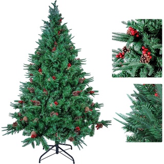 himaly Künstliche Weihnachtsbäume 210 cm mit 900 Spitzen PVC/PE Material Naturgetreue Christbaum, 60pcs Kiefernzapfen, 60pcs Roten Früchten, Ständer für Weihnachten Dekoration Mehrweg Grün Tannenbaum