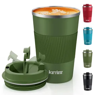 KETIEE Kaffeebecher to go,380ml Thermobecher Kaffee-to-go,Kaffeebecher Thermo,Doppelwandig Reisebecher Travel Mug,Vakuum Isolierbecher mit auslaufsicherem Deckel für Kaffee und Tee,Olivgrün