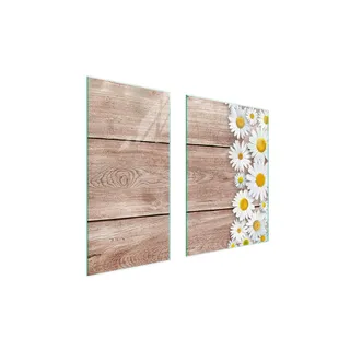Herdabdeckplatten 2 teilig 75x52 Glaskeramikkochfeld Abdeckung Glas Schneidebrett Gänseblümchen Holz - Braun