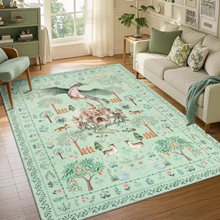TUKDAK Drache Teppich Wohnzimmer rutschfest 160x230cm, Grün Waschbarer Teppich Schlafzimmer, Boho Tier Kurzflor Bettvorleger Teppiche Gegend, Fantasy Wald Teppichen für Kinderzimmer Büro Esszimmer