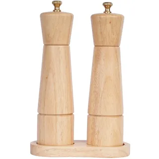 DeroTeno Salz- und Pfeffermühlenset mit Mühlenuntersetzer, Verstellbare Keramikmahlwerk Salzmühle, Edelstahlmahlwerk Pfeffermühle, Gummiholz, 22 cm Höhe, Boden DIA 5,5 cm
