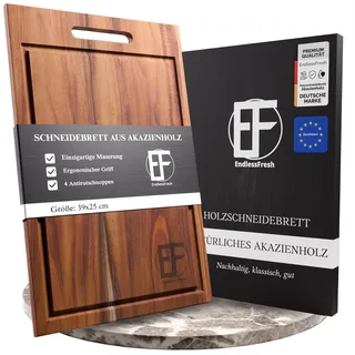 EndlessFresh Schneidebrett Holz - Premium cutting board wood - 39x25cm groß - Holzbrett Küche Akazienholz - Frühstücksbrettchen Holz mit Saftrille, Griff und Füßen - Schneidebrett groß - massiv