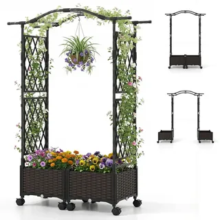FANTASK 2 in 1 Rosenbogen mit 2 Blumenkasten auf Rollen, Pflanzkasten mit Rankgitter & hängendem Dach, Gartenbogen aus Metall und PP, Rankkasten mit Spalier für Kletterpflanzen, Gartenspalier (Braun)