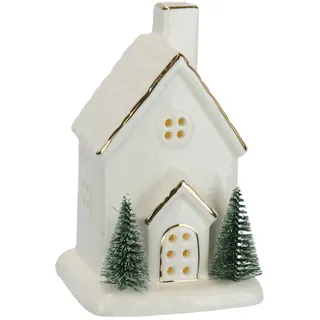 LED Porzellan Weihnachtshaus batteriebetrieben weiß Gold 15cm Tannenbaum Weihnachtsdeko beleuchtet Christmas Village Haus Winterdeko Keramik Miniatur Häuschen Tischdeko Advent