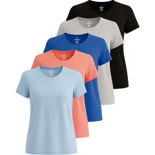 Real Essentials 5er-Pack: Kurzärmeliges Damen-T-Shirt, Workout-Top, Fitness, Pilates, Fitnessstudio, Sportbekleidung (Plus erhältlich), Set 10, Mittel