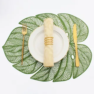 evevda Grüne Blattförmige Vinyl-Tischsets für den Esstisch, Set mit 6 metallischen Kunststoff-Tischsets, abwischbar, 6 Stück, Tischmatten für Hochzeit, Annersary, Abendessen, Tischdekoration (45 x 35