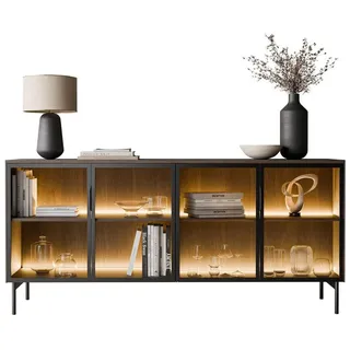 Lookway Sideboard Linea Loft mit Glasfronten und LED-Beleuchtung Eiche + Schwarz , Eichefarben , Holzwerkstoff , 181x83x39 cm , Kleinmöbel, Kommoden, Sideboards