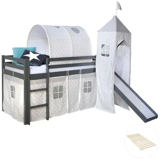 Homestyle4u Hochbett 90 x 200 cm Kiefer massiv grau