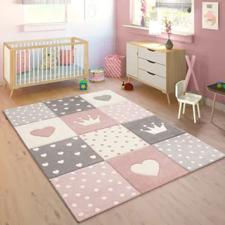 Paco Home Kinderteppich »Cosmo 339«, rechteckig, 16 mm Höhe, Kurzflor, Pastell-Farben, 3D-Effekt, Motiv Herz, Punkte & Krone, pink