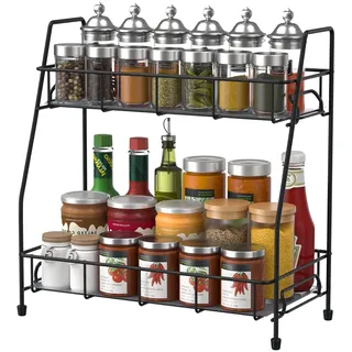 BOKIOVIN 2 Etagen Gewürzregal Stehend Organizer,Metall Gewürzständer Küchenregal Stehend Arbeitsplatte Gewürzhalter Aufbewahrung für Küche Schrank Bathroom,Schwarz
