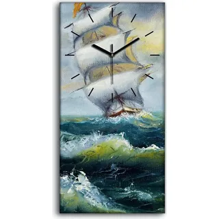 Küchenuhr Bürouhr Leinwand Uhr 30x60 Wellen Meereslandschaft Schiff Ozean - schwarze Hände - Blau