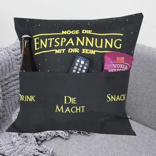 KAMACA Originelles Dekokissen Kissen mit 3 Taschen zum selbst Befüllen und Spruch Größe 43x43 cm tolles Geschenk für Anlässe wie z.B. Geburtstag (Möge die Entspannung mit dir Sein A)