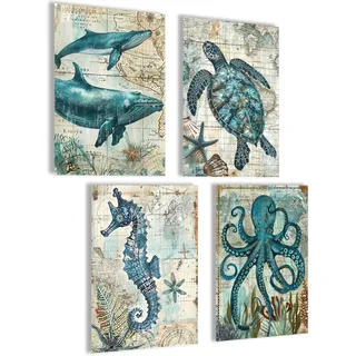 mojoliving Meerestiere Bilder Badezimmer Bilder Wal Schildkröte Tintenfisch Seepferdchen Gäste WC Schild Bild Toilette WC Deko Badezimmer Poster A4