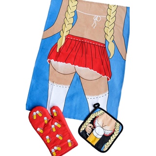 Ulticool - Lustiges Küchenset - Sexy Ofenhandschuh Mitt Bier Gläser - Topflappen - Geschenk für Mann Frau - Junggesellenabschied Geburtstag - Garten Grill - Rot Blau Weiss