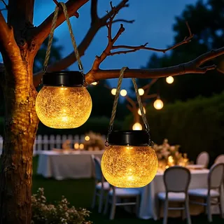 Solar Laternen Außen 2er Set - IP65 wasserdichte Hängende Solarlampen mit Warm-Amber & RGB Farben, Crackle Glas LED Kugelleuchten Gartendekoration für Terrasse, Baum, Gartenweg, Geländer