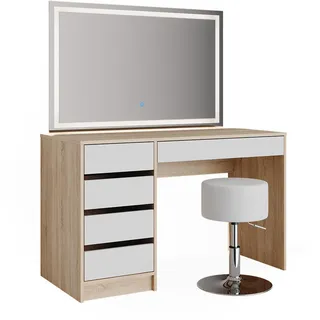 Vicco Schminktisch Sherry, 120 cm mit LED-Spiegel und Hocker, Weiß/Sonoma - Weiß, Braun