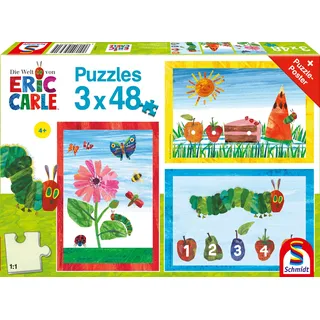 Schmidt Spiele Schmidt 56431 - Eric Carle, Die Welt der Raupe Nimmersatt, Kinderpuzzle mit Poster, 3x48 Teile