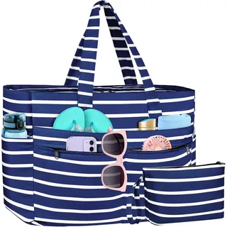 WACCET XXL Strandtasche Damen Wasserdicht mit Reißverschluss, Leichte Badetasche mit Mehreren Taschen für Strand, Reisen, Urlaub