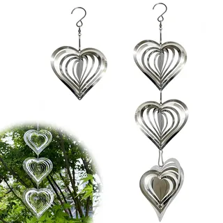 2 Stück Herz Windspiele, 3D Metall Windspiel Rotierende Windspirale für Wohnzimmer Korridor Fensterdeko Garten Balkon Terrasse Herzförmiger Windspinner mit Aufhängung