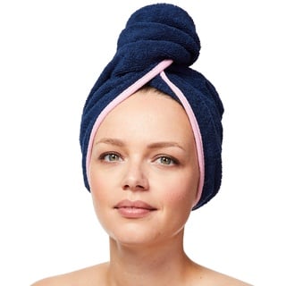 Sowel® Haarturban aus 100% Bio-Baumwolle, Turban Handtuch mit Knopf, Damen und Herren, Navy/Pink