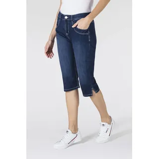 Caprijeans MAC "CAPRI", Damen, Gr. 48, Länge 19, blau (dunkelblau used), Denim/Jeans, Obermaterial: 98% Baumwolle, 2% Elasthan, Abriebeffekte, figurbetont kniebedeckend, Jeans Caprijeans, Eingelegte Zierfalten am Saum